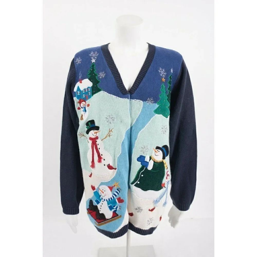 The Quacker Factory Womens Sweater Cardigan M Winter Snowmen Button Front Xmas